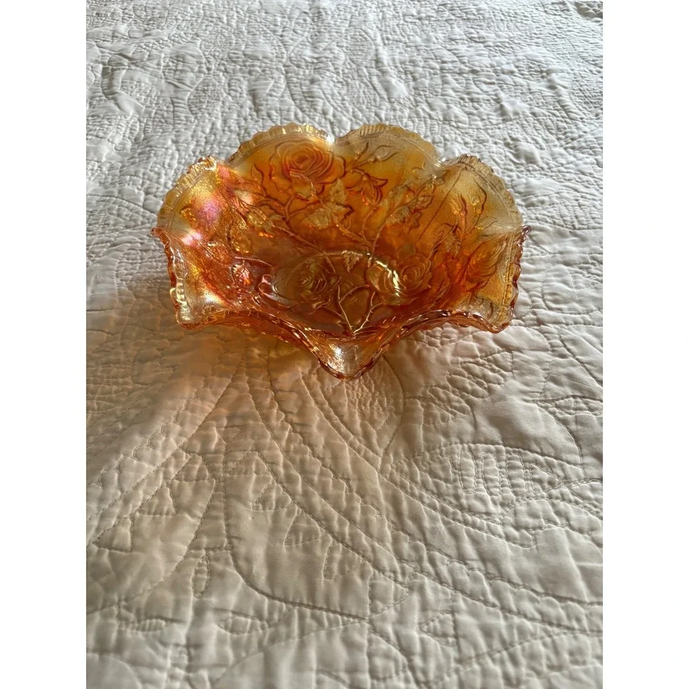 Vintage Imperial Glass American Beauty Embossed Rose‎ Open Marigold Lustre 1950s
